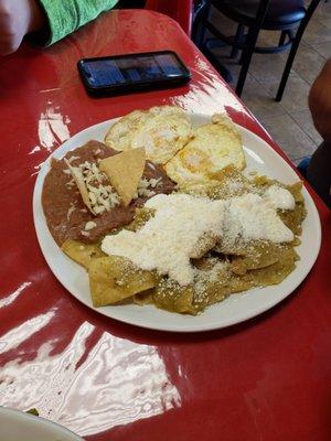 Chilaquiles and eggs plate