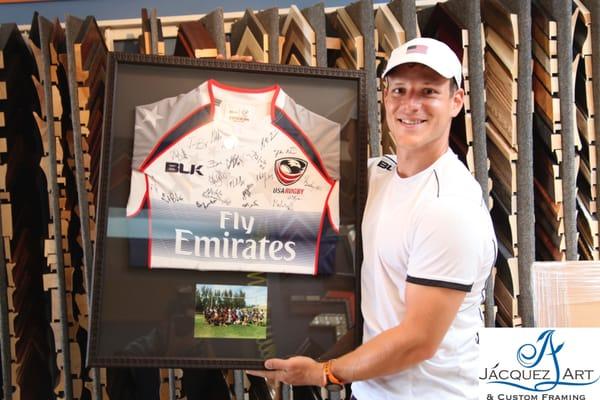 An autographed rugby jersey for an Intern, signed by the entire team. Fun project, customer loved it!