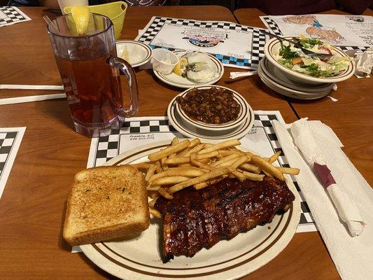 Ribs , Fries , Beans , Texas Toast , and Sweet Tea