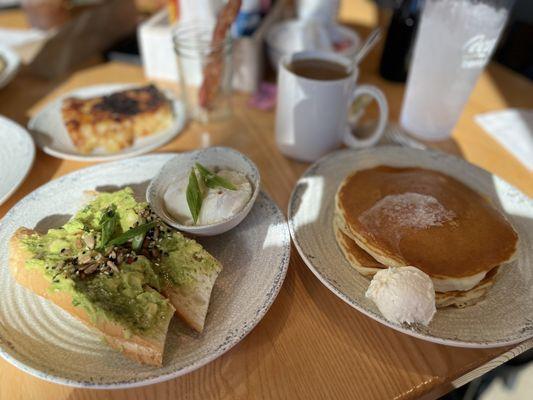 Ava ado toast, side of pancakes, and the hashbrowns. I think they use sugar to brown them... they are a little sweet.