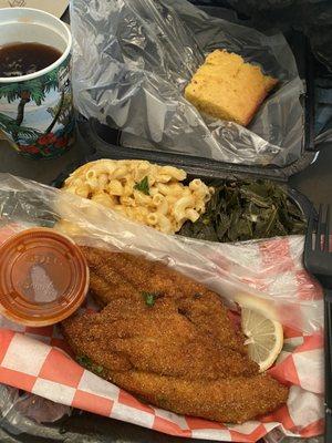 Fried fish with Mac n cheese and greens