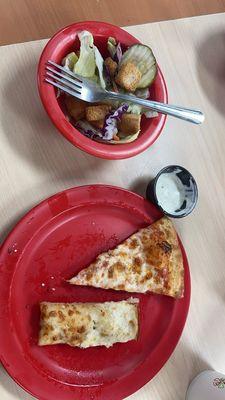 cheese pizza, cheese bread, salad