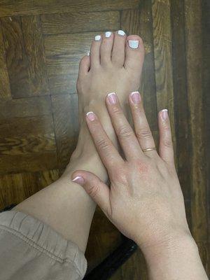 Regular pedicure and French gel manicure