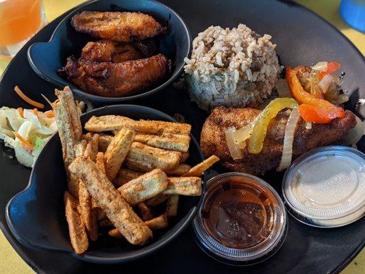 Caribbean fries, Jamaican Fried fish, peas and rice, fried plantains, and coleslaw