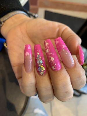 Another acrylics long set with designs perfect for your V-day.