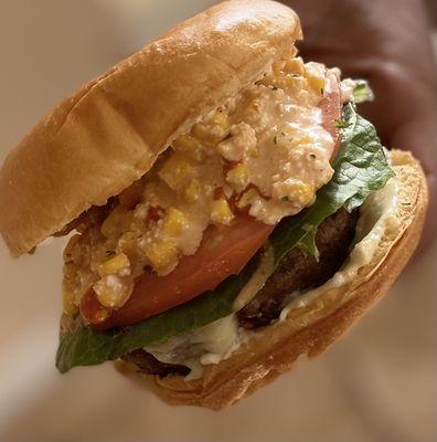 Maiz Mexicano Turkey Burger. Mexican corn on burger. (Elote)