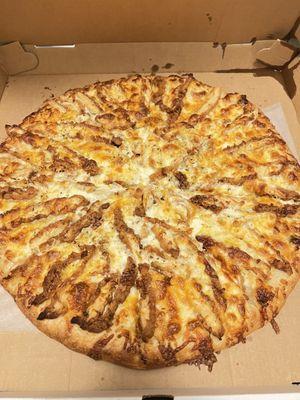 Chicken finger pizza. No hot sauce