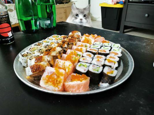 Nicely arranged on the takeout platter.