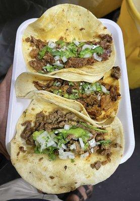 Suadero, Al Pastor, and Bistek Tacos