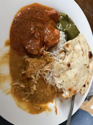 Tikka masala, butter chicken, saag paneer & garlic naan. Yum!