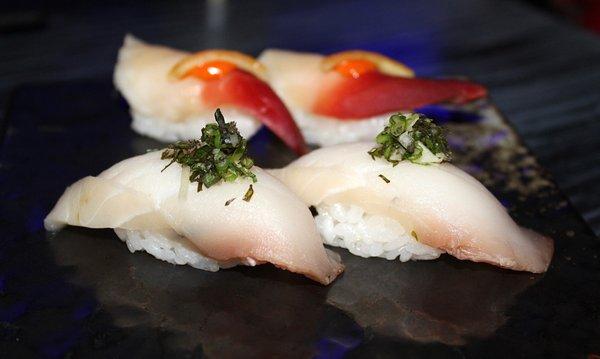 For nigiri we had Surf Clam and Smoked Mackerel topped with ginger medley and shiso.