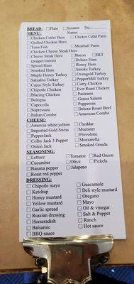 Sandwich menu - order sheet