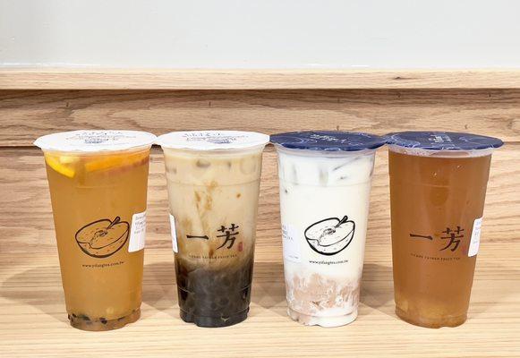 (Left to Right) Yifang Fruit Tea, Brown Sugar Oolong Tea Latte, Taro Latte, Pineapple Green Tea