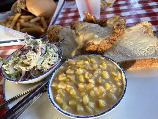 Chicken Fried Chicken Platter with Cole slaw and creamed corn