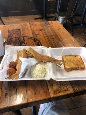 Catfish bone in, hush puppies, coleslaw, Texas toast