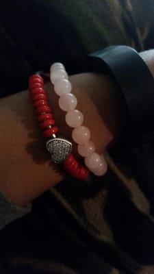 My rose quartz bracelet & red beads from Cha Cha