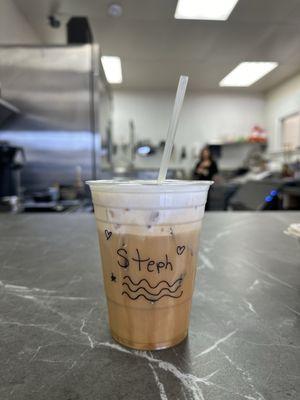 iced almond milk cappuccino topped with salted maple cold foam