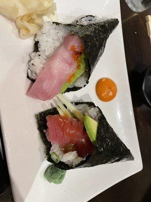 Tuna hand roll. Yellowtail hand roll