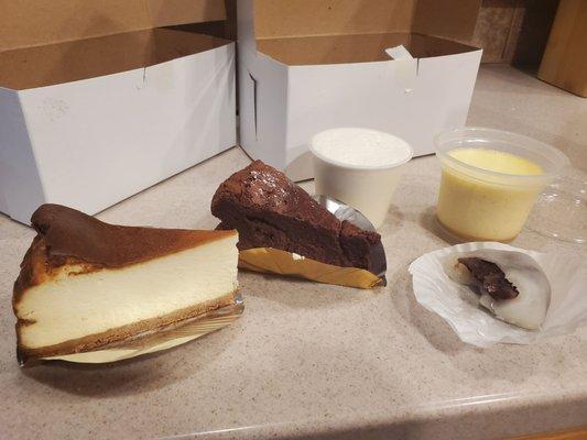 Cheesecake, chocolate flourless cake, yuzu panacotta, sweet custard and mochi