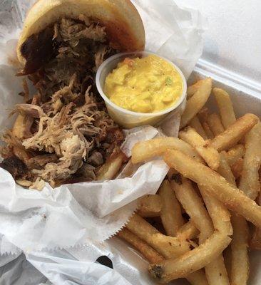 Pulled pork, fries, and chow-chow (what looks like potato salad).