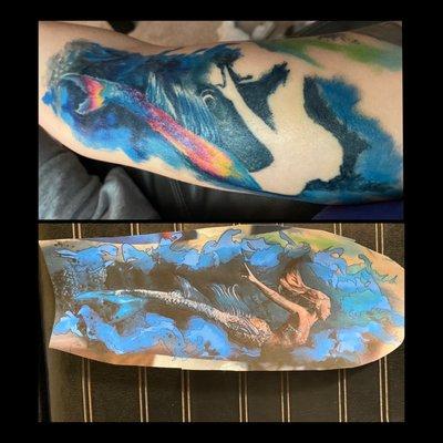 Bottom is what the tattoo is supposed to resemble-mermaid...top is his "artwork"--12yr old could've done better. Got a crab claw instead lol