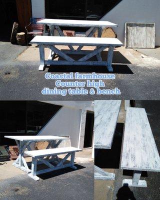 Custom coastal farmhouse rustic dining room table and bench.