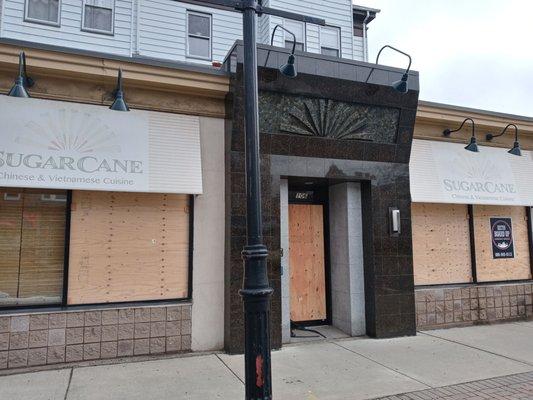 Front of the Sugarcane Restaurant, boarded up yesterday, April 18, 2022