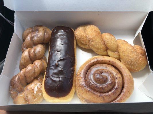 Cinnamon glazed twisty, eclair, cinnamon bun, and cinnamon sugar twisty. Treat yourself.