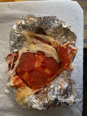 Who wraps  hot pizza in foil??? Next time put it in a box.