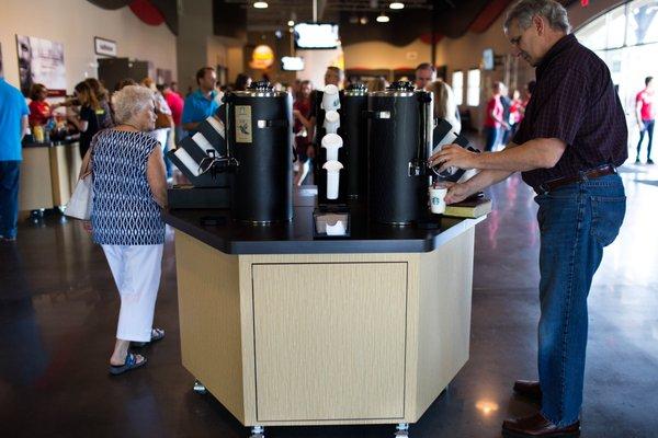 Each service offers complimentary hot coffee and iced tea.