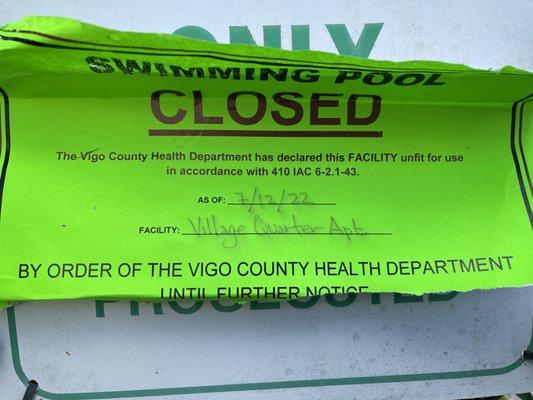 July 2022 Department of health closed the pool...