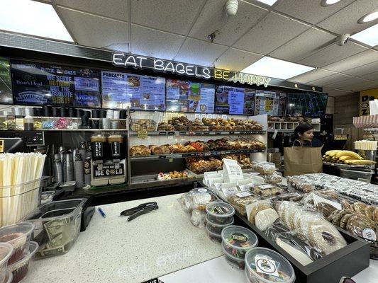 Counter with bagels in the background