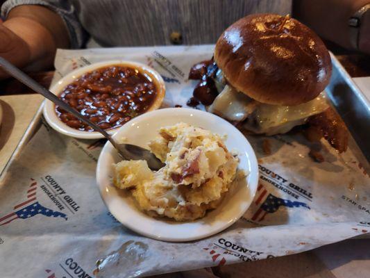 Mississippi Peacemaker (huge), baked beans, and potato salad