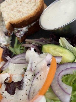 The mixed greens salad with ranch, cup of ranch and the greatest chicken salad sandwich on planet Earth.