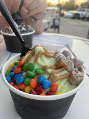 Pistachio with m&ms, cookie dough and pb sauce