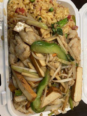 Shredded chicken and tofu lunch.