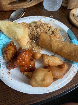 General Tso chicken, egg roll, crab Rangoon, fried rice, sweet and sour chicken