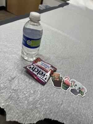 Snacks , water , and some stickers . How nice !