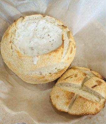 Bread bowl with delicious clam chowder