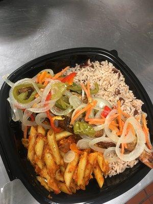 Escovitch fish, baked ziti, rice and peas