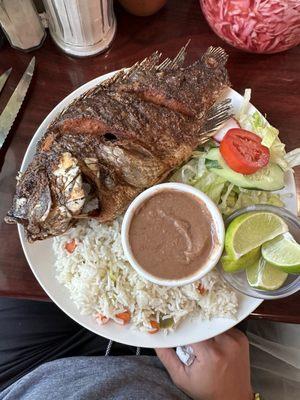 Fried fish with rice, beans, salad, and tortillas.