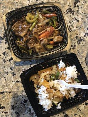 Drunken noodles with veggies (above) and pad kaprow with tofu (below).