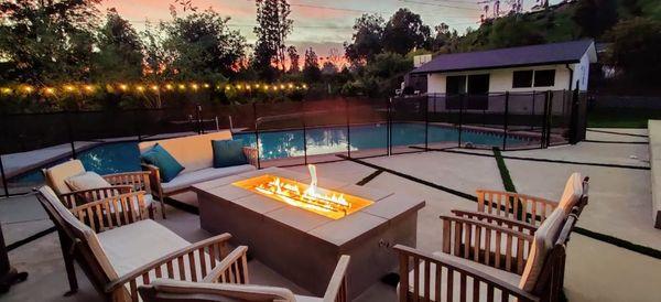 Firepit design and install, artificial turf, backyard design