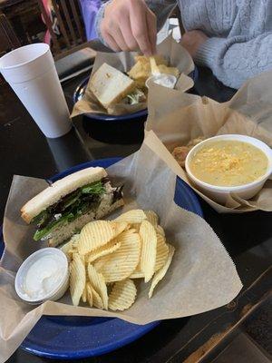 Chicken salad sandwich, potato soup, chips and dip