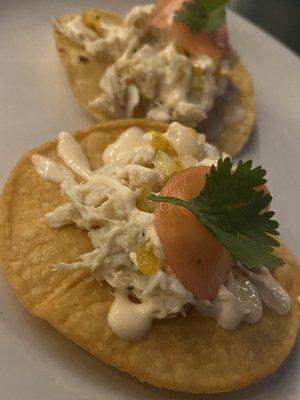 Crab Tostadas-Jumbo Lump crab salad, Corn/Chile Amarillo "Pico", Pickled Radish, Fermented cantaloupe crema, crispy corn tortilla