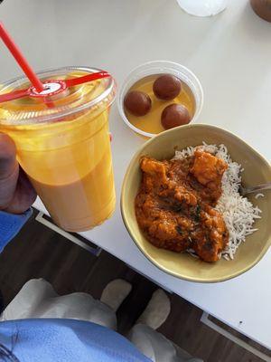 Mango lassi, gulab janum, and rajasthani chicken. 10/10 for all three items