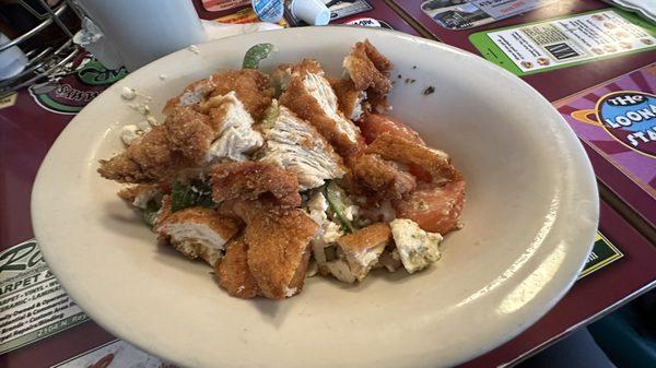 village salad + fried chicken (just ok)