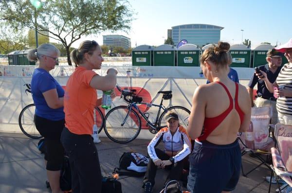 Coach Lesley delivering some last minute instructions before Ironman Arizona