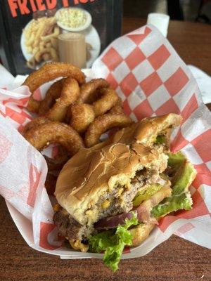 Giant (double patty) burger and onion rings