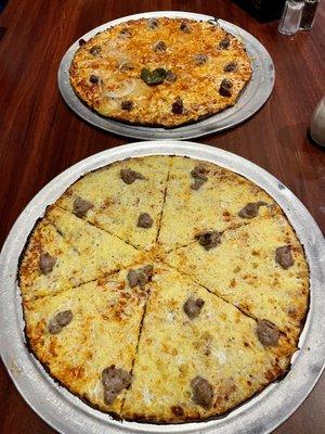 Top:  Sausage, onion, and hot oil... yum!  Bottom:  Breakfast pizza...  YUM!